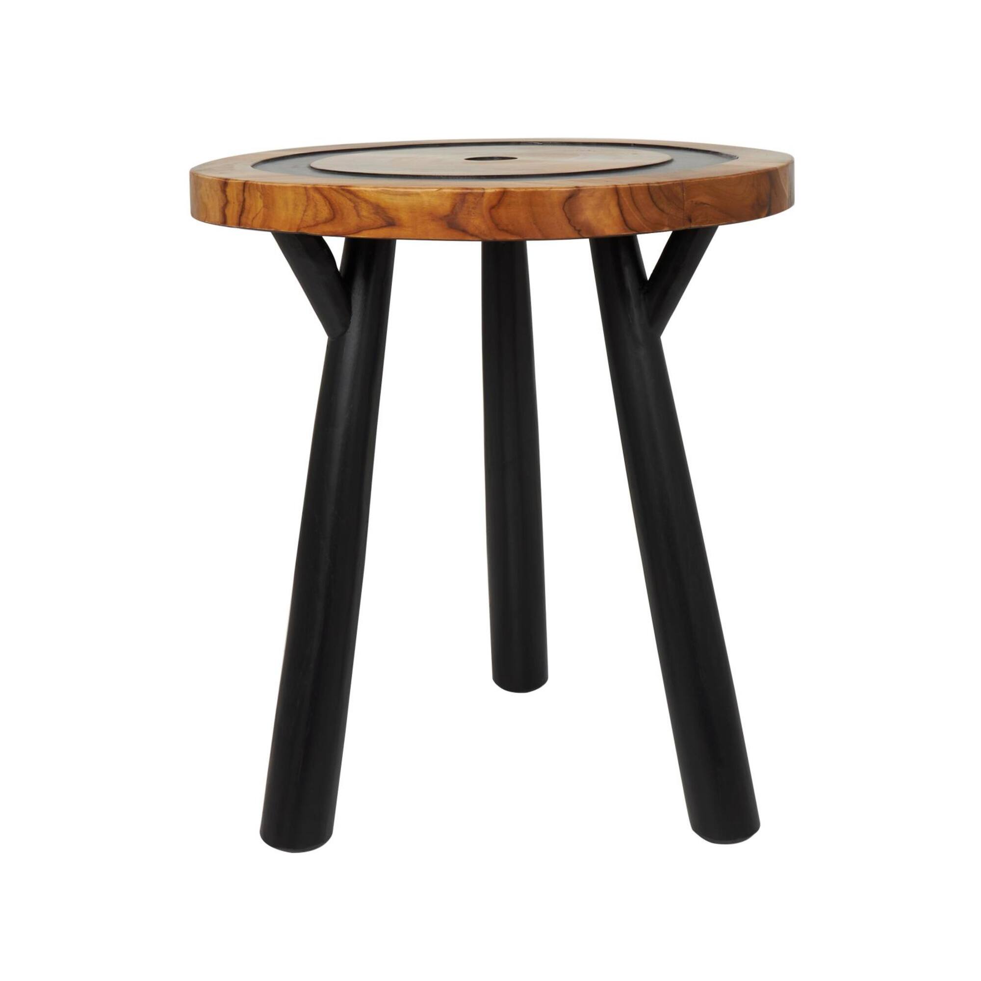 22" Brown Teak Wood Round Accent Table with Geometric Layered Circle Design and Black Legs